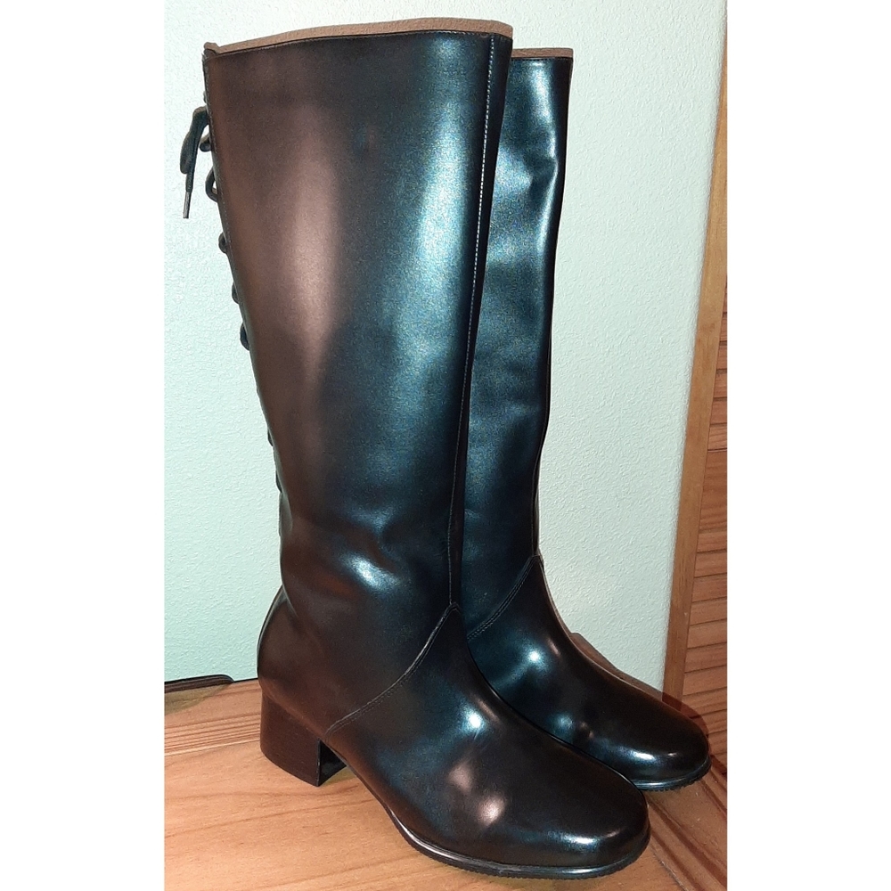 David Tate, Formula 16" Black Leather Wide Calf Back Lace Boots, 11 W, NWOT